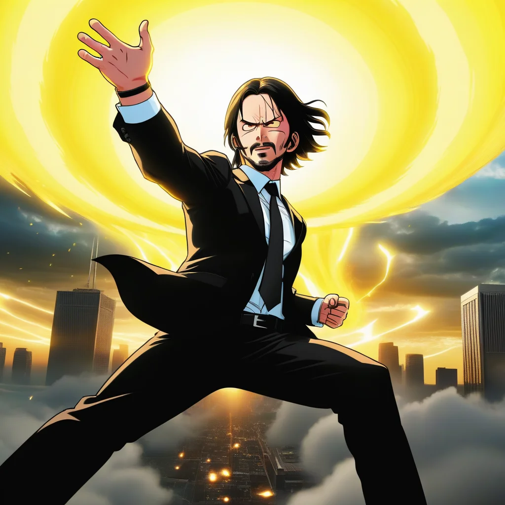 super high quality extremely detailed 8k photo realistic photo of a John Wick wearing black suit and tie holding a bright glowing giant yellow destructo disk<lora:destructo disk:0.8> of energy flying through the sky , extremely detailed eyes and facial features, epic cinematic lighting and amazing composition <lora:dragonballartstyle:0.8> dragonballartstyle, in the style of akira toriyama