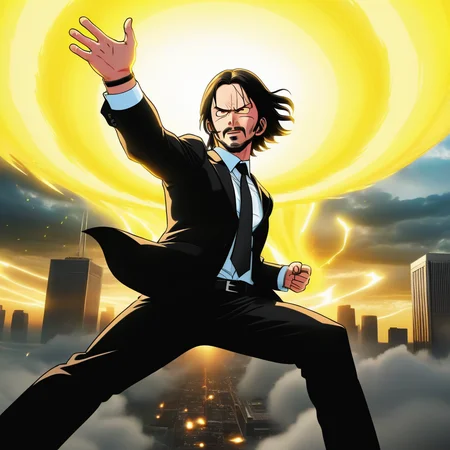 super high quality extremely detailed 8k photo realistic photo of a John Wick wearing black suit and tie holding a bright glowing giant yellow destructo disk<lora:destructo disk:0.8> of energy flying through the sky , extremely detailed eyes and facial features, epic cinematic lighting and amazing composition <lora:dragonballartstyle:0.8> dragonballartstyle, in the style of akira toriyama