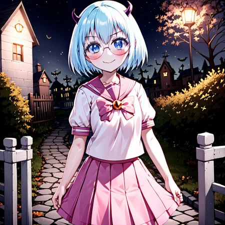 best quality, masterpiece, detailed, Crocell Kerori, smile, closed mouth, light blush, happy, light blue hair, short hair, blue eyes, horns, round eyewear, colored eyelashes, KeroriSchoolUniform, school uniform, serafuku, pink skirt, bow, standing, looking at the viewer, halloween, outdoors, night.