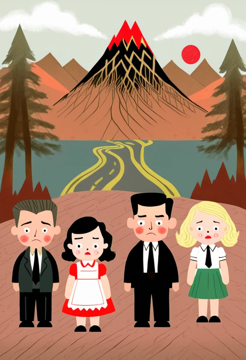 a still from Twin Peaks (The Illustrated Children's Storybook style:1.2) <lora:Everly_Heights_Comics:1>