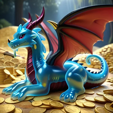 1dragon, highly detailed black dragon, black dragon made out of slime, scaly black slime dragon, slime dragon with red eyes, black slime dragon laying in its hoard, black slime dragon with wings, dragon wings, detailed claws, detailed feet, detailed tail,
multi-colored gems made out of slime, in a room of treasure made out of slime, tiny gold coins and bars made out of slime, piles of tiny coins, piles of tiny gold slime coins, piles of gold slime, tiny gold slime coins, only tiny coins, translucent slime coins,
treasure-room, treasure, gemstone, coins, gold bars, gold pile,
everything made of slime, No simple background,
((translucent slime)), ((transparent slime)), (bioluminescent slime), sl1m3d, slime, slime-morph, saturated colors,