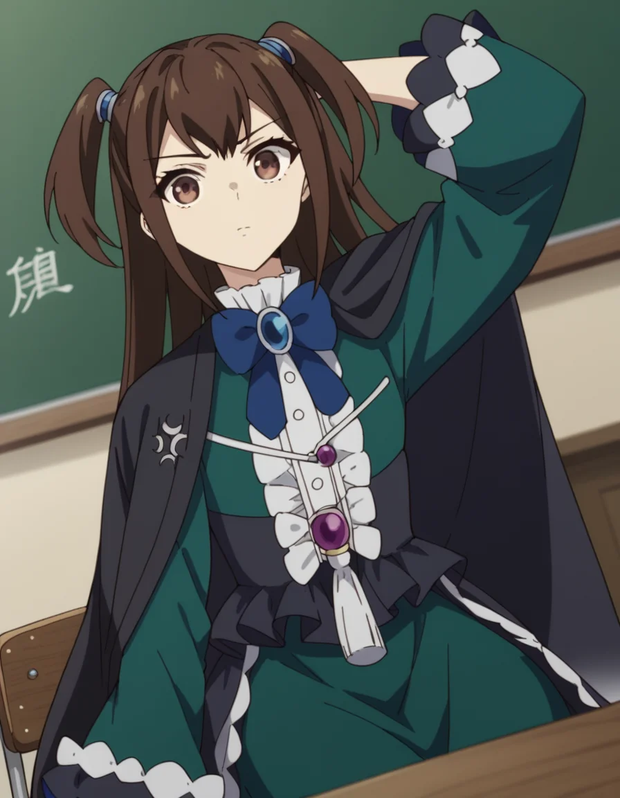 score_9, score_8_up, score_7_up, source_anime, <lora:kizuna-kazayama-s2-ponyxl-lora-nochekaiser:1>, kizuna kazayama, long hair, brown hair, brown eyes, two side up,, long sleeves, dress, bow, frills, wide sleeves, bowtie, cape, blue bow, brooch, green dress, black cape,, classroom, chalkboard, daytime, studying, sitting, chair, desk, , hand behind head, , looking at viewer, solo,, dutch angle, cowboy shot