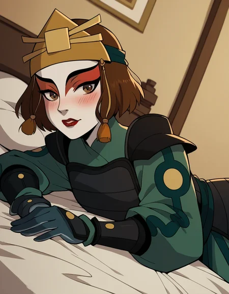 score_9, score_8_up, score_7_up, source_anime, <lora:suki-book2-ponyxl-lora-nochekaiser:1>, suki, short hair, brown hair, brown eyes, makeup, lipstick,, gloves, armor, breastplate, hair ornament, gloves,, indoors, bed, bed room, on side, blush, drunk, looking at viewer, solo, cowboy shot, dutch angle