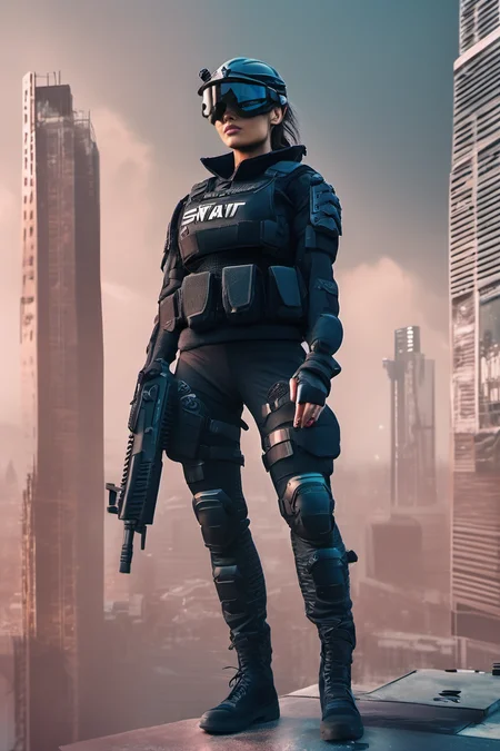 <lora:swat gear_xl:1> a woman wearing swat gear, standing on top of a building, cyberpunk <lora:cyberpunk_xl-000004:1>