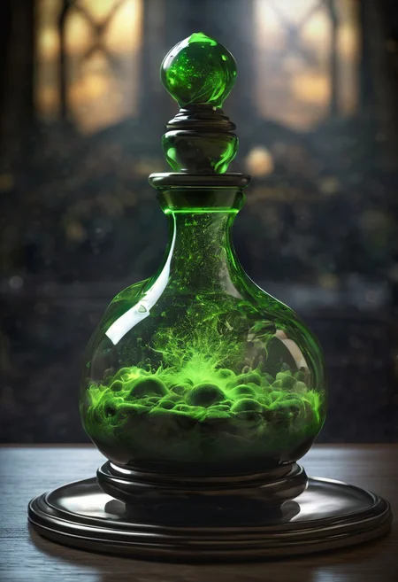 Score_9, Score_8_up, Score_7_up, Score_6_up, Score_5_up, Score_4_up, high_def, highest quality, 4k, best quality, masterpiece, no humans, object focus, focused, defined, (Photorealistic magic potion:1.3), intricate glass bottle, elixir, (skull inside potion:0.7), poison green colors, bubbling, ethereal light, flashy lights, magic lights, luminous, dynamic reflections, magical aura, highly detailed, fantasy essence, glowing particles, radiant aura