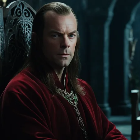 cinematic film still of <lora:The Lord of the Rings style:1>
In a Fantasy Middle-earth world in the dark ages Elrond Hugo Weaving a man in a red robe sitting down,elf,solo,long hair,brown hair,1boy,closed mouth,green eyes,male focus,chair,portrait,realistic,hand on own chin,throne , dramatic light, dramatic shadow light, film contrast, cinematic film color, cinematic film look, filmic, realistic, realism, perfection, perfect, movie still, fantasy drama, epic drama, fictional, Age of Wonders, Age of Empires, warriors, Medieval style, middle ages, dungeons and dragons style, different people, different, unique, kingdoms and castles, violent, aggressive, detailed, perfection, detailed face, detailed body, detailed hands, detailed eyes, sharp, horror themed, dark themed, epic fantasy adventure film style, Legendary, mythical, The Lord of the Rings style, shallow depth of field, vignette, highly detailed, high budget, bokeh, cinemascope, moody, epic, gorgeous, film grain, grainy