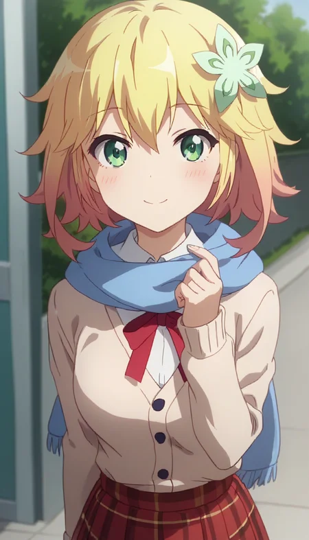 score_9,score_8_up,score_7_up,score_6_up BREAK official art,solo,outdoors,upper body,(portrait:1.5),looking at viewer,facing viewer,smile,blush,Tapris Sugarbell Chisaki,short hair,two-tone hair,blonde hair,hair ornament,hair flower,green flower,hair between eyes,parted bangs,green eyes,blue scarf,beige cardigan,red ribbon,collared shirt,white shirt,medium breasts,red skirt,plaid skirt,pleated skirt,black pantyhose,loafers,<lora:Tapris Sugarbell Chisaki(gd)-Pony:1.4>,