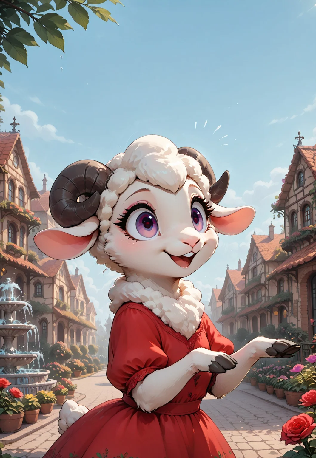 masterpiece, best quality, absurdres, m0use_istyle, FMIXF, vibrant details, fluffy fur, eyeliner, multfx, colored shading, colorful shading, furry female, body fur, white body fur, sheep, sheep horns, violet eyes, inside, wide eyed, portrait, :3, :d, hands up, outdoors, rose garden, fountain, blue sky, ribbon, hair accessory, red dress,