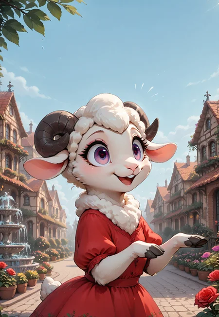 masterpiece, best quality, absurdres, m0use_istyle, FMIXF, vibrant details, fluffy fur, eyeliner, multfx, colored shading, colorful shading, furry female, body fur, white body fur, sheep, sheep horns, violet eyes, inside, wide eyed, portrait, :3, :d, hands up, outdoors, rose garden, fountain, blue sky, ribbon, hair accessory, red dress,