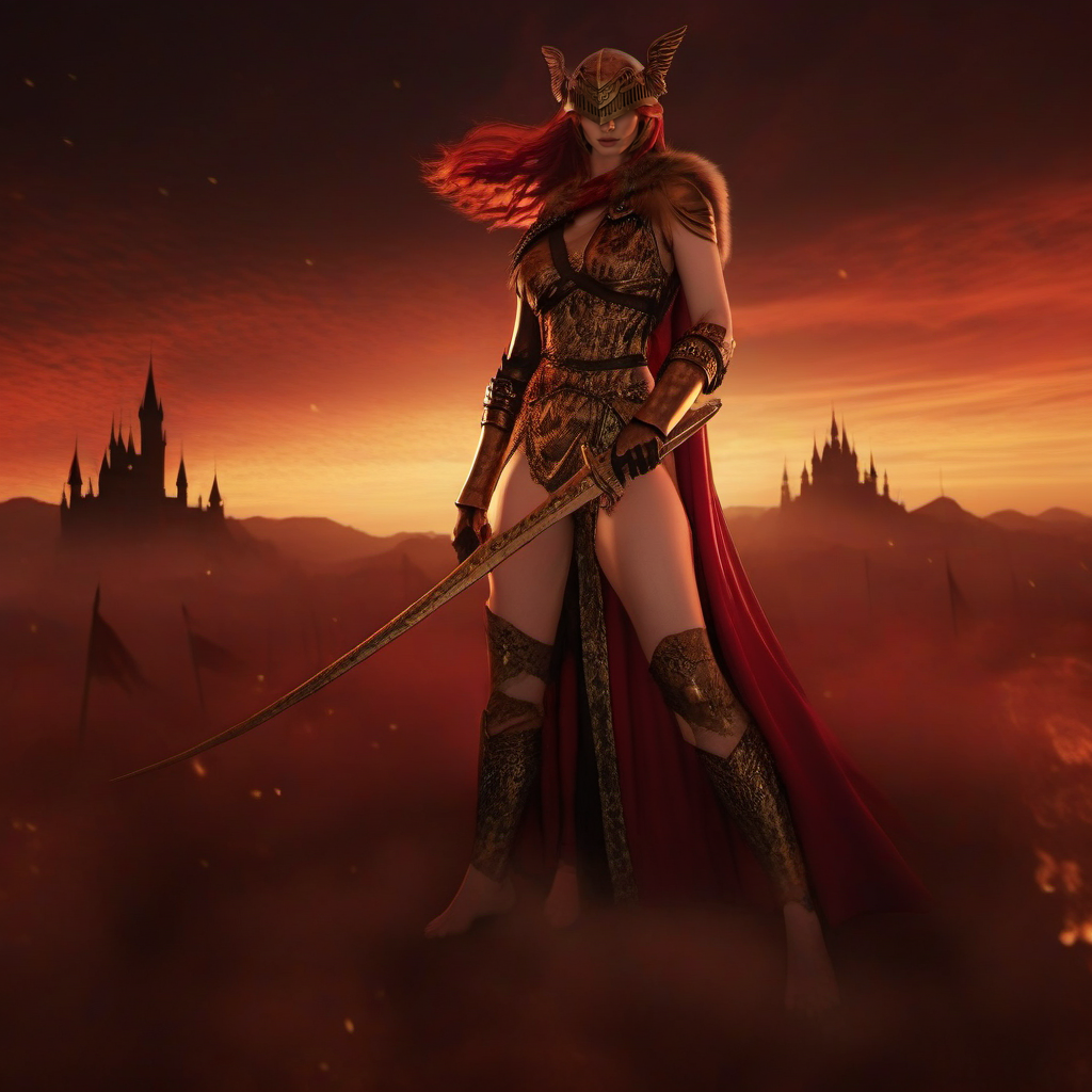 cinematic photo a woman with red hair, winged helmet,breast, sword, red cape, fantasy castle background<lora:Malenia1024:0.8> . 35mm photograph, film, bokeh, professional, 4k, highly detailed