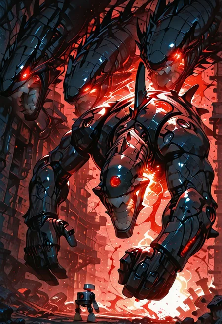 1man, solo, cyborg, [(((black metal body/head)))], BREAK, ((small robot round eye)), ([(((one eye in center of the forehead)))]), ((red pupil)), ((blowing eye)), BREAK, ((sharp white teeth, cyborg teeth)), ((open mouth)), (grey tongue, out tongue)), ((robot tongue)), ((dark coating body and head)), BREAK, ((dynamic action poses, from narrow, dynamic angle, dynamic close up view)), BREAK, ((spike spine)), (muscular body, big body), cyborg fingers, bloody hands, ((left hand in fist)), stand pose, size difference, BREAK, scared, reaching, stuffed shark,
HDR, 8k, high contrast, masterpiece, best quality, amazing quality, very aesthetic, high resolution, ultra-detailed, absurdres, perfect lighting, volumetric lighting, dramatic shadows, cinematic lighting, (sharp image), safe, scenery, (perfect anatomy, perfect hand anatomy, perfect robot face anatomy, perfect robot eye anatomy, perfect mouth anatomy), perfect lighting, (sharp image), perfect anatomy, Focus face, (sharp focus), OneCybEye,  G0thicL1nes, SmoothNegative_Hands
dynamic pose, SmoothNegative_Hands, MythAn1m3, Smooth Quality, CybOneEye,