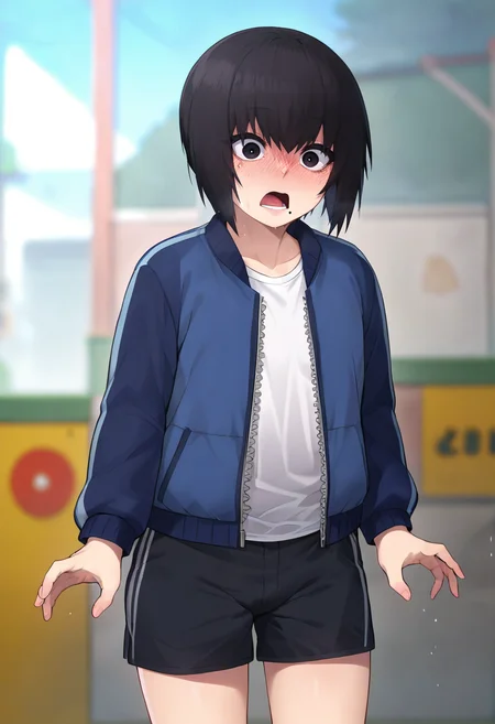 score_9, score_8_up, score_7_up, solo, , <lora:add-detail-xl:3>,
BREAK
<lora:ain_in:0.8>, kuro, black eyes, black hair, short hair, otoko no ko, mole under mouth, shocked, blush,
blue jacket, open jacket, shirt, black shorts,
BREAK
solo, standing,