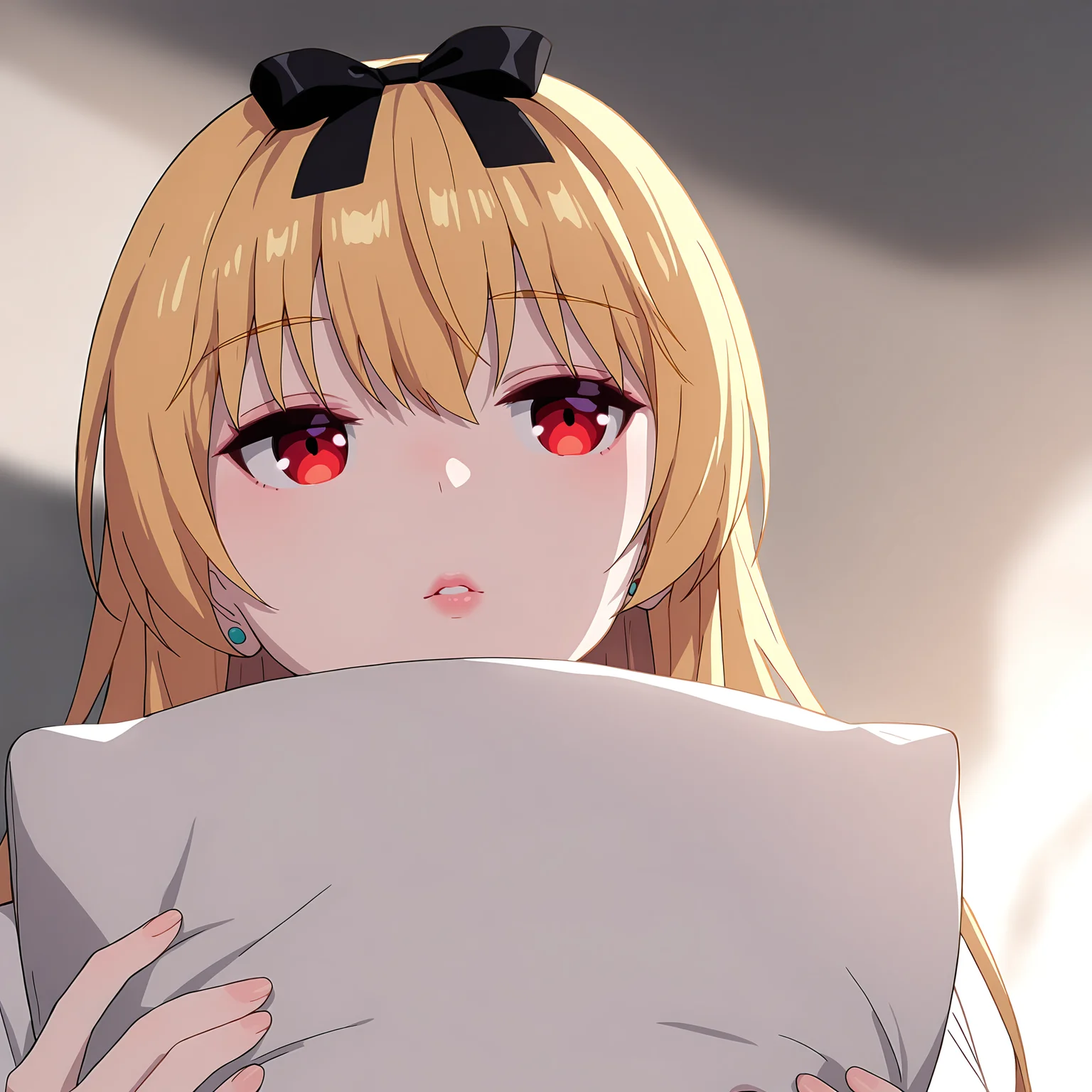 newest,absurdres,masterpiece,highres,<lora:yue-step00002000>,yue,red eyes,blonde hair,<lora:noobai_ep11_stabilizer_v0.138_fp16>,pale skin,lips,full body,holding_pillow,