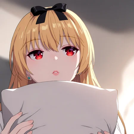 newest,absurdres,masterpiece,highres,<lora:yue-step00002000>,yue,red eyes,blonde hair,<lora:noobai_ep11_stabilizer_v0.138_fp16>,pale skin,lips,full body,holding_pillow,