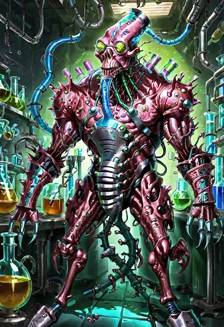 a fleshmutant cybermutant creature with tubes on its body standing in a laboratory and holding a beaker,art by llbreton