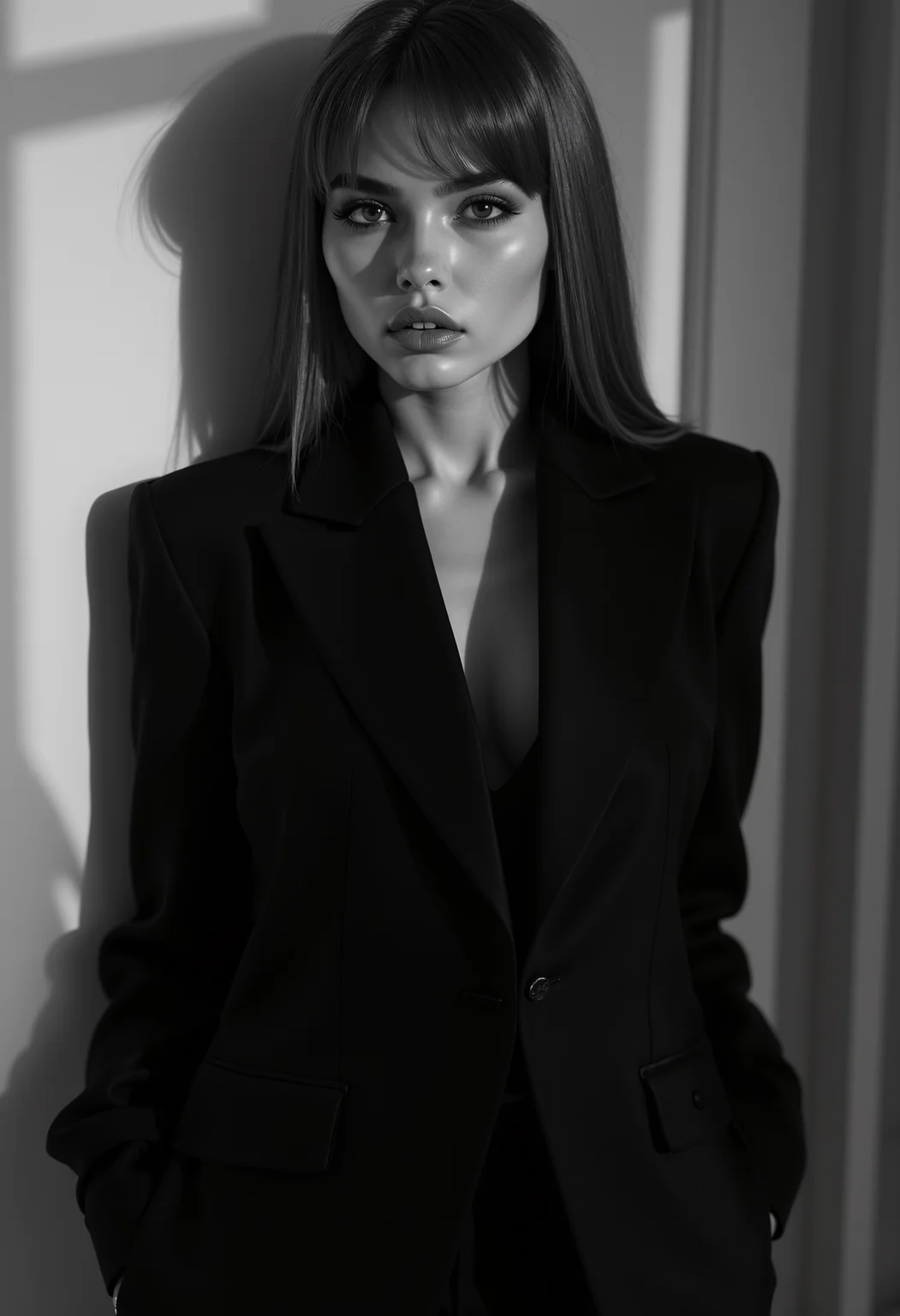 In a chic black-and-white setting reminiscent of high fashion, a young Scandinavian model poses with dramatic flair, her bold attitude radiating from every angle. Sporting a tailored suit with a plunging neckline, she exudes confidence and allure. Newtonâs signature provocative style captures the power dynamics of femininity, making the model appear both strong and seductive.<lora:MyLoras\Scandinavian Girls Oct4th\ScandiGirl_Style-000015.safetensors:1.0:1.0>