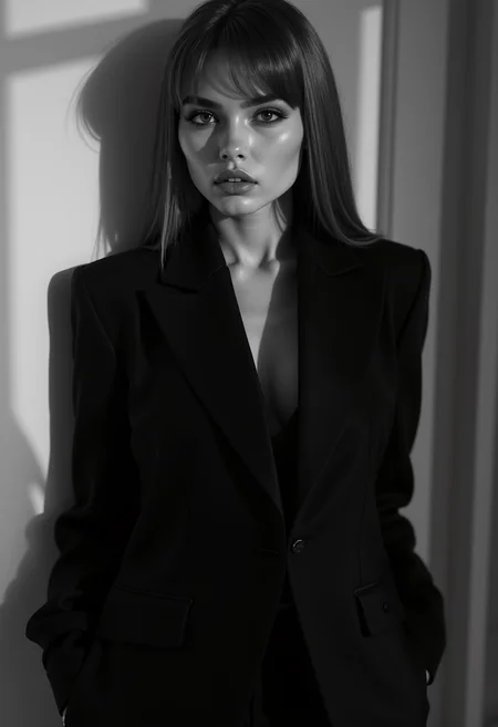 In a chic black-and-white setting reminiscent of high fashion, a young Scandinavian model poses with dramatic flair, her bold attitude radiating from every angle. Sporting a tailored suit with a plunging neckline, she exudes confidence and allure. Newtonâs signature provocative style captures the power dynamics of femininity, making the model appear both strong and seductive.<lora:MyLoras\Scandinavian Girls Oct4th\ScandiGirl_Style-000015.safetensors:1.0:1.0>