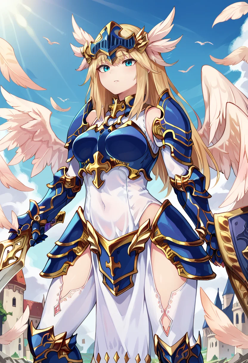 score_9,score_8_up,score_7_up, <lora:ValkyrieMGE:0.9> ValkyrieMGE, feathered wings, head wings, multiple wings, armor, gauntlets, pelvic curtain, helmet, holding sword, weapon, shield, castle, blue sky, sunlight