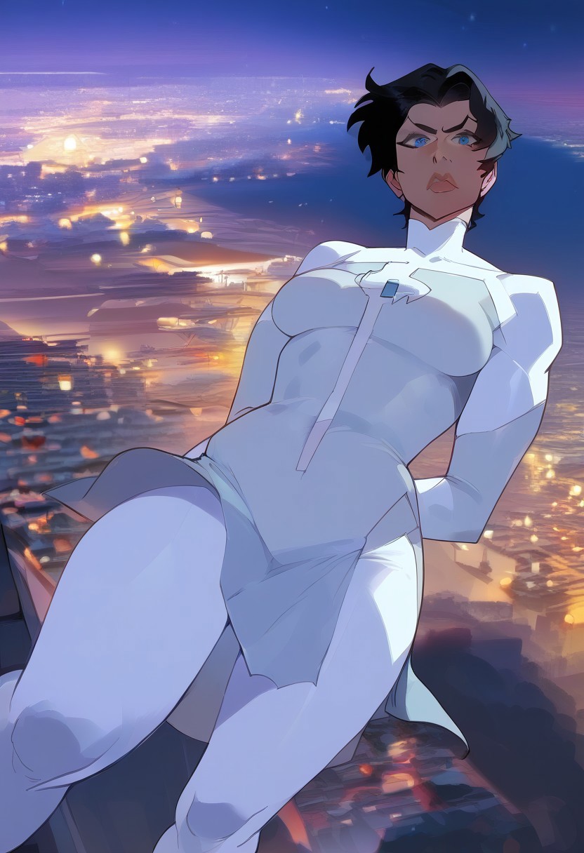 score_9,score_8_up,score_7_up,
anissaxl,black hair,blue eyes,short hair,from below,
white bodysuit,long sleeves,white pants,short pelvic curtain,
floating,night,city scape,arms behind back,looking at viewer, toned body, sexy, pale, alluring, raw lighting,
<lora:anissa:1>,