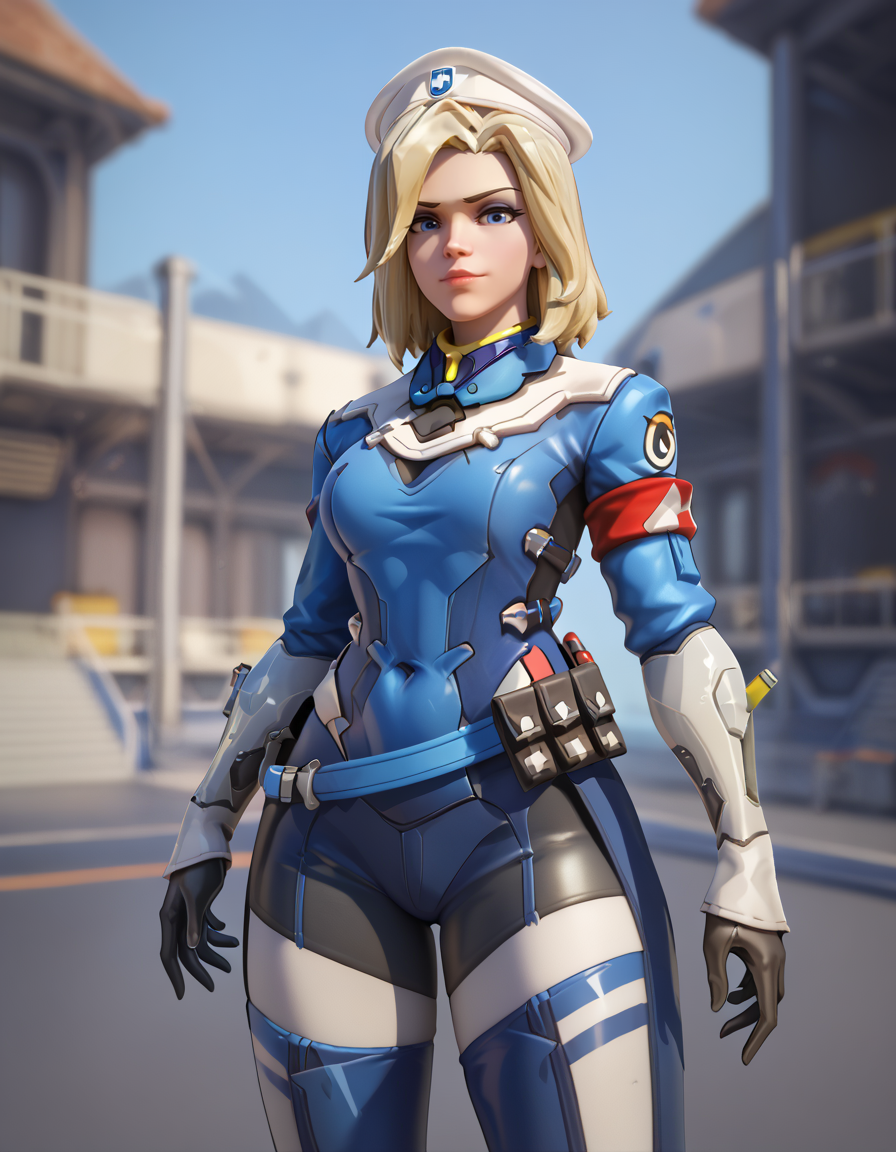 score_9, score_8_up, score_7_up, 1girl, medium shot, ,2.5d, combatmedic,mercy (overwatch), <lora:Combatmedic_mercy_pony-000040:1> Curvaceous Catwalk: Walk towards the camera with a confident strut swaying your hips and shoulders. This pose exudes sensuality and power.