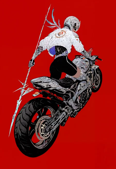 masterpiece, highres, absurdres, newest, very awa, abstract, surreal, (dynamic pose:1.1), dynamic angle, 1girl, solo, dark-skinned female, knight helmet, covered face, feathered helmet, silver helmet, white jacket, biker jacket, streetwear, puffy jacket, sleeves rolled up, bike shorts, silver gauntlets, silver greaves, motorcycle, riding, (wheelie:1.2), back view, from behind, looking back, facing down, holding polearm, silver spear, simple background, red background, dark background,
<lora:spo_sdxl_10ep_4k-data_lora_webui:1.0>, <lora:NOOB_EPSv1_1_detailer_by_vlnvk_v1_0:1.0>, <lora:noobai_ep11_stabilizer_v0.30_fp16:1.0>, <lora:mon_monmon2133:0.80>,