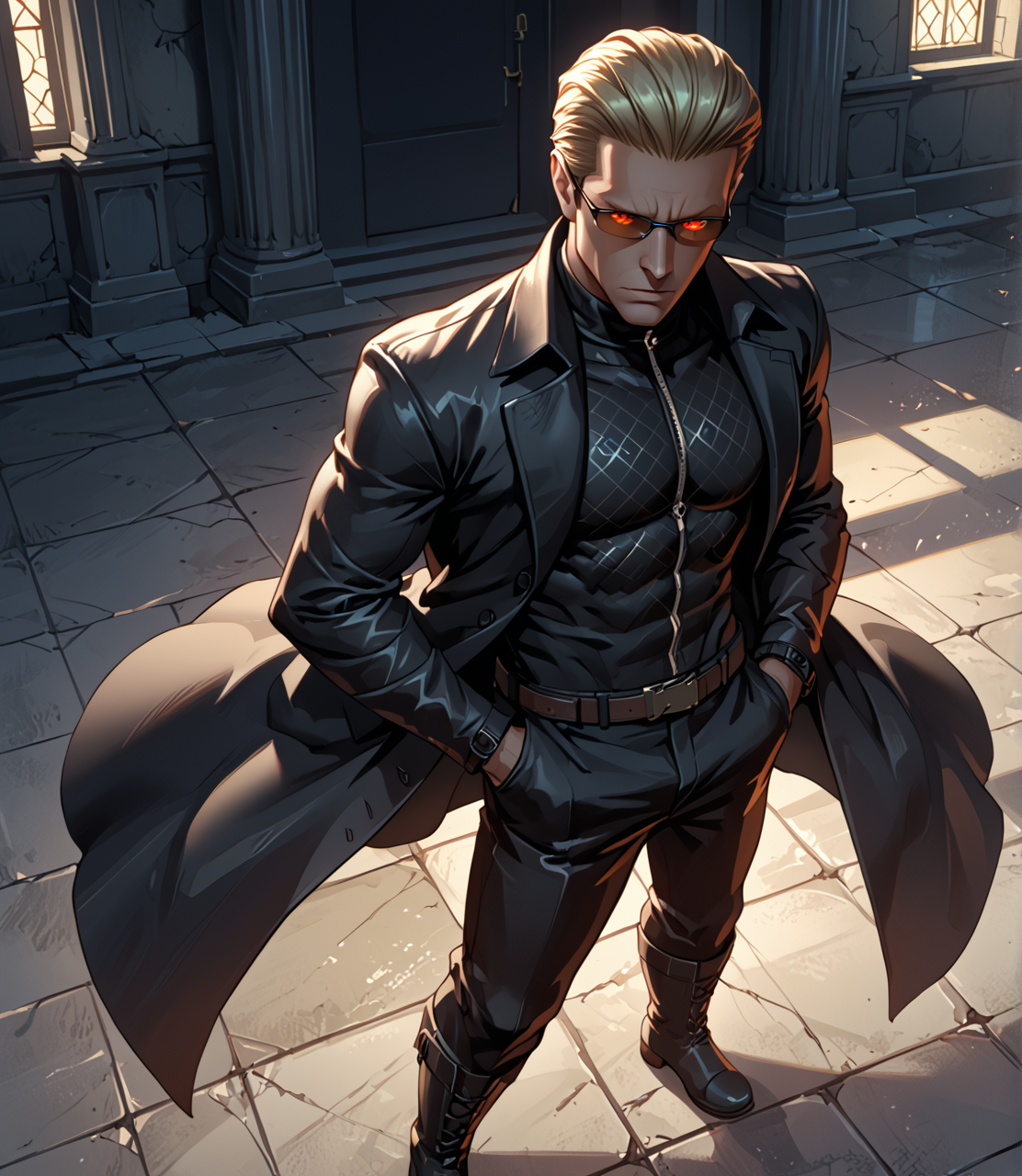 PonyScores7, source_anime, ah1, BREAK <lora:albertwesker-guy-PONYv1:0.8> albertwesker, albert wesker, 1boy, blonde, black gloves, (sunglasses:1.3), belt, black coat, black pants, looking at viewer, toned, athletic, fit, slicked back hair, black turtleneck, zipper, mature male, short hair, black boots, (cloning mastermind, dressed in a lab coat with a belt full of vials containing genetic material), (A vampiress lurking in the shadows of a gothic castle, her eyes glowing red as she hunts for prey,), ((Sad, Feeling or showing sorrow; unhappy expression)), (focused, intense glare), (reddish orange eyes, slit pupils), (angular face, sharp_featured face), handsome, charming, alluring, BREAK <lora:xl_more_art-full_v1:0.2>, <lora:shinyskin2:0.2> glistening skin, <lora:aesthetic_anime_v1s:0.2>, <lora:Expressive_H:0.2> Expressiveh, <lora:hairdetailpxl:0.2> hairdetailpxl, <lora:EpicF4nta5yXL:0.2>, <lora:detailxl:0.2> detailxl, <lora:Fant5yP0ny:0.2>, best quality, amazing quality, best aesthetic, absurdres, <lora:expressive eyes:0.2> expressive eyes, <lora:eyedetailpxl:0.2> eyedetailpxl, illustration, Volumetric_Lighting, ultra-detailed, very aesthetic, intricate details, 8k, masterpiece, best_quality, BREAK (Aerial view medium Close shot (focus on waist)), BREAK <lora:Eyes_High_Definition:0.3> EyesHD, Stable_Yogis_PDXL_Positives, AS-Adult, <lora:Complicated fantasy portrait - XL Pony V2.0:0.4>, bad-hands-5, AS-MidAged,
