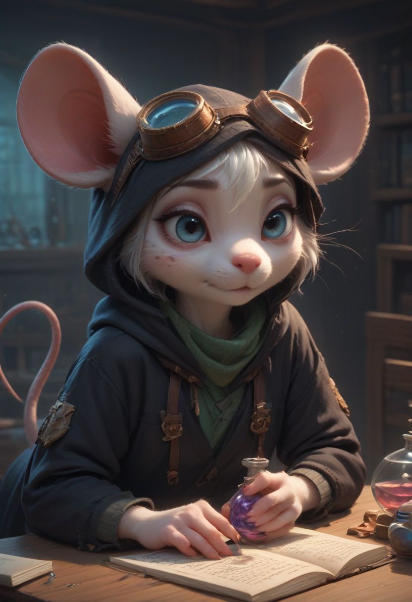 score_9, score_8_up, score_7_up, masterpiece, line art, portrait, anime, detailed, <lora:Expressive_H:0.45> Expressiveh,	detailed background, concept art, source_anime, dark theme, low light, solo, anthro mouse girl, tiny, bags under eyes, mouse tail, cute, blue eyes, tired, lidded eyes, hooded, green scarf, goggles, laboratory background, black cloak, white spots on fur, black fur, bottomless, holding potion, seated at table, messy work desk, books, hand on face