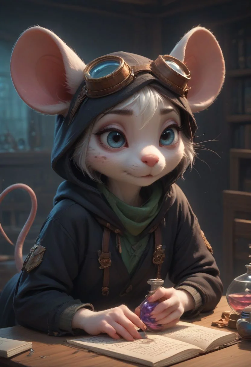 score_9, score_8_up, score_7_up, masterpiece, line art, portrait, anime, detailed, <lora:Expressive_H:0.45> Expressiveh,	detailed background, concept art, source_anime, dark theme, low light, solo, anthro mouse girl, tiny, bags under eyes, mouse tail, cute, blue eyes, tired, lidded eyes, hooded, green scarf, goggles, laboratory background, black cloak, white spots on fur, black fur, bottomless, holding potion, seated at table, messy work desk, books, hand on face