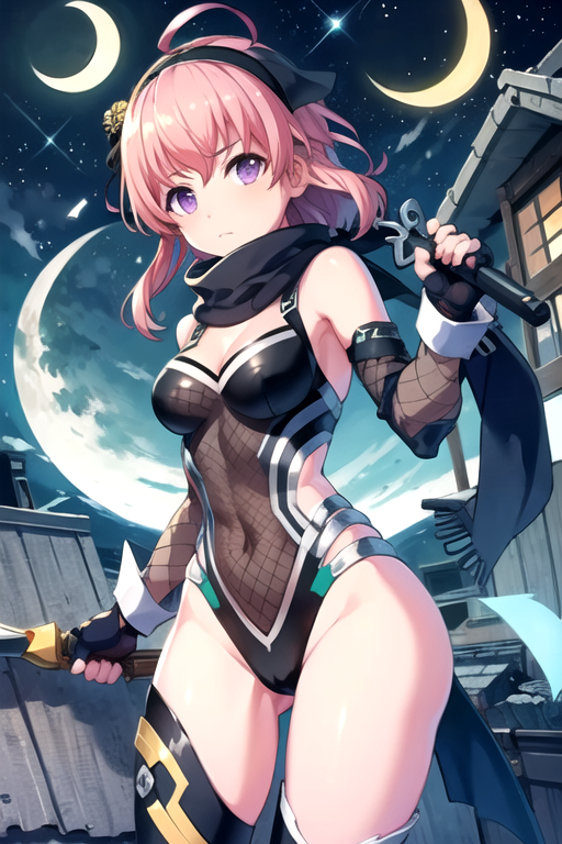 <lora:SakuraPTD-09:0.7> ,sakura, 1girl, solo, looking at viewer, short hair, thighhighs, gloves, holding, cleavage, medium breasts, closed mouth, purple eyes, weapon, pink hair, ahoge, hairband, outdoors, sky, fingerless gloves, scarf, holding weapon, leotard, night, moon, fishnets, star (sky), night sky, black leotard, starry sky, ninja, crescent moon, kunai, rooftop