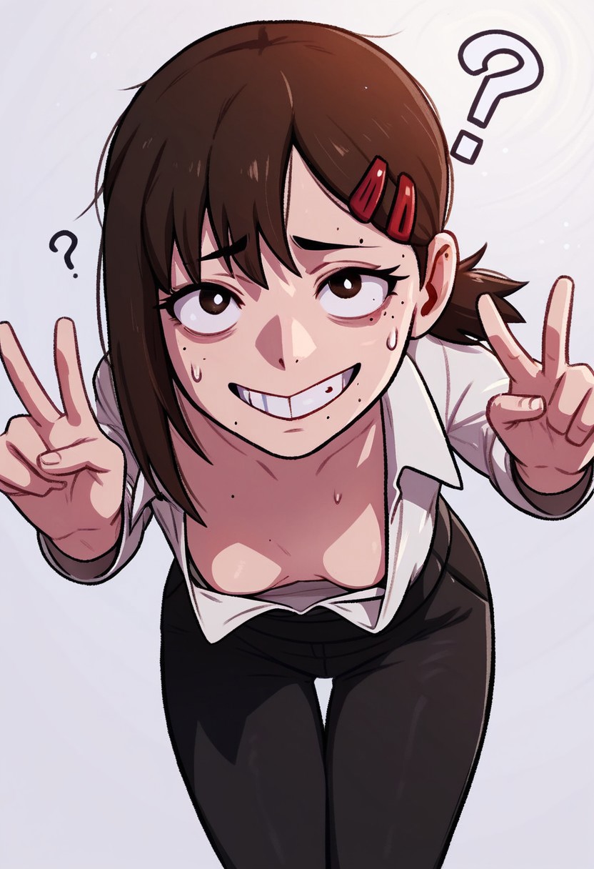 score_9,score_8_up,score_7_up,score_6_up,score_5_up,score_4_up, :o,
solo, Kobeni Higashiyama, 1girl, double peace sign, open business suit, white shirt, leaning down, front-facing pov, looking up, nervous grin, ?, bent forward, downblouse, no bra, small breasts, perky breasts, breast slip, nip slip, black pants,