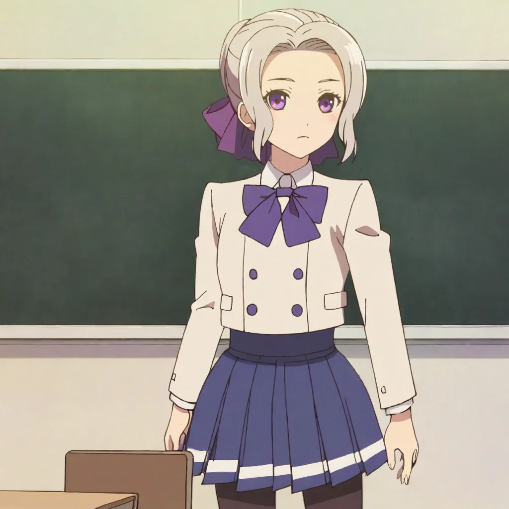 <lora:Shinokanojoxkanojo_pony_v1:.8>ShinoSchoolOutfit, black pantyhose, 1girl, purple eyes, school uniform, pleated skirt, short hair, bow, hair ribbon, cowboy shot