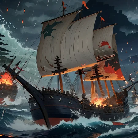 masterpiece, best quality, <lora:add-detail-xl:1> <lora:ArsMJStyleSDXL_-_AnimeC:1> A dramatic naval battle off the coast of feudal Japan. Massive wooden ships with colorful sails clash in stormy seas. Samurai archers fire flaming arrows, while ninja infiltrators swing between ships on grappling hooks. Lightning illuminates the chaotic scene.