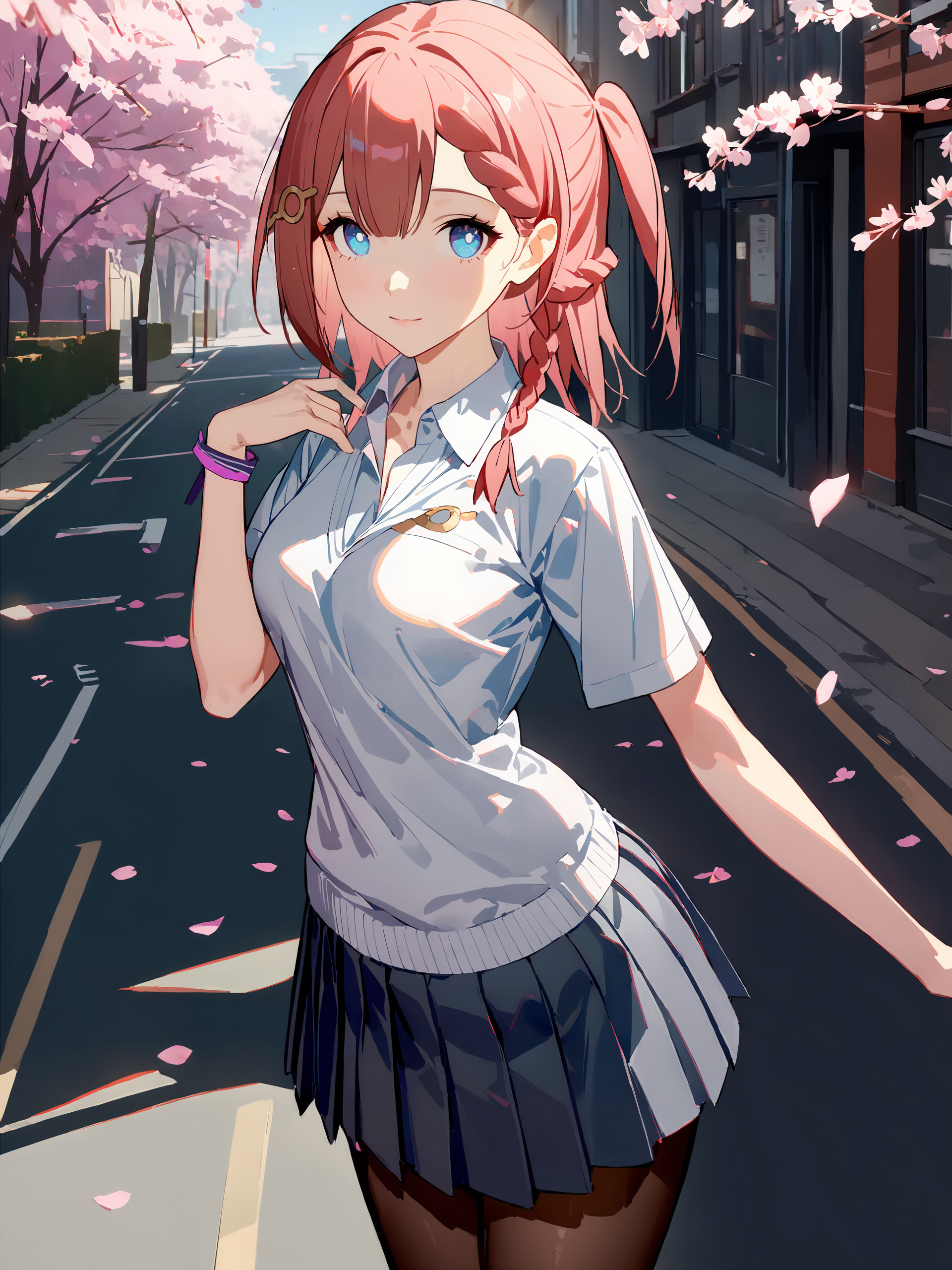 1girl, asta \(honkai: star rail\), solo, school uniform, white shirt, sweater, pleated skirt, pantyhose, light smile, looking at viewer, outdoors, street, cherry blossoms, petals, depth of field  <lora:Char-HonkaiSR-Asta-XL-V1:0.8> <lora:XL-tool-extremely_detailed:1>, masterpiece, best quality, perfect features, extremely detailed, intricate details, ray tracing, very aesthetic, (hitenkei, askzy:0.4)