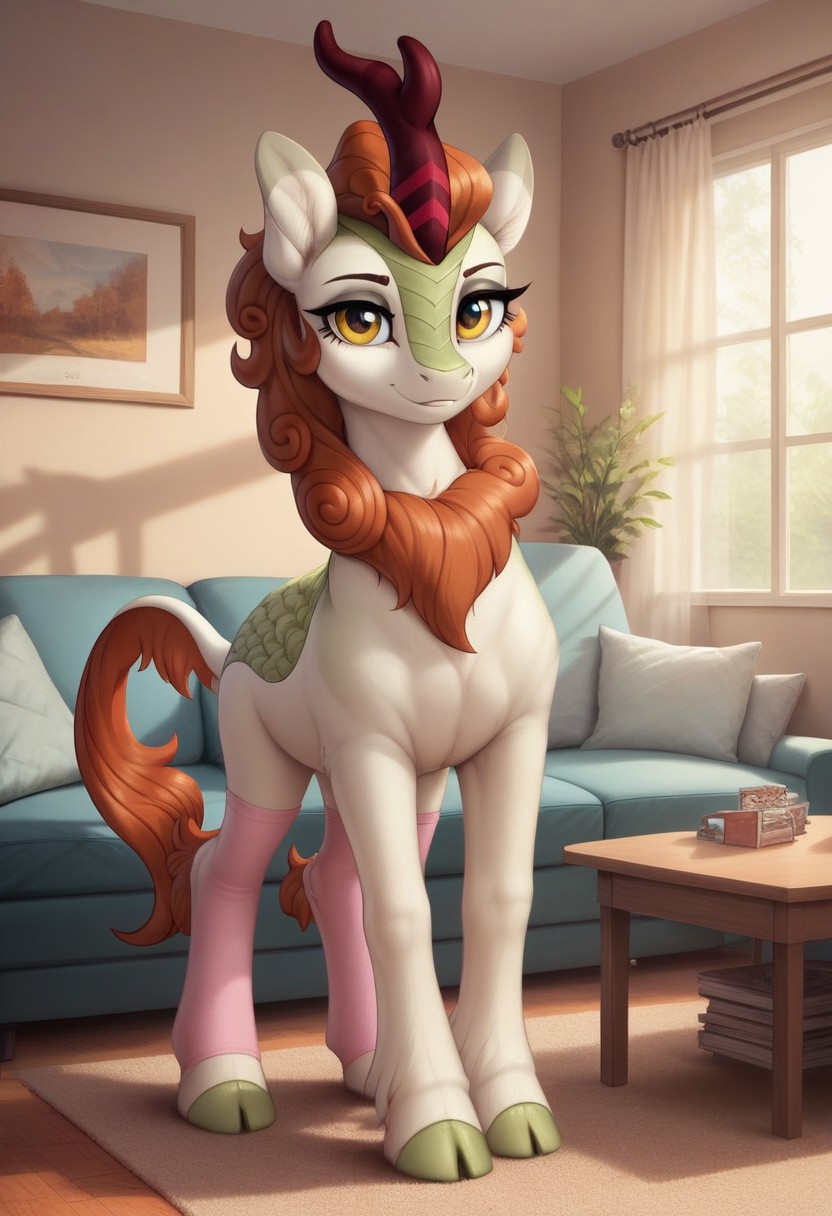 score_9, score_8_up, score_7_up, score_6_up, kirin, feral, solo, (Autumn Blaze), no breasts, living room, sofa, indoors, (evening), tail, photo_realistic, anatomically correct, looking at you, standing, pink stockings