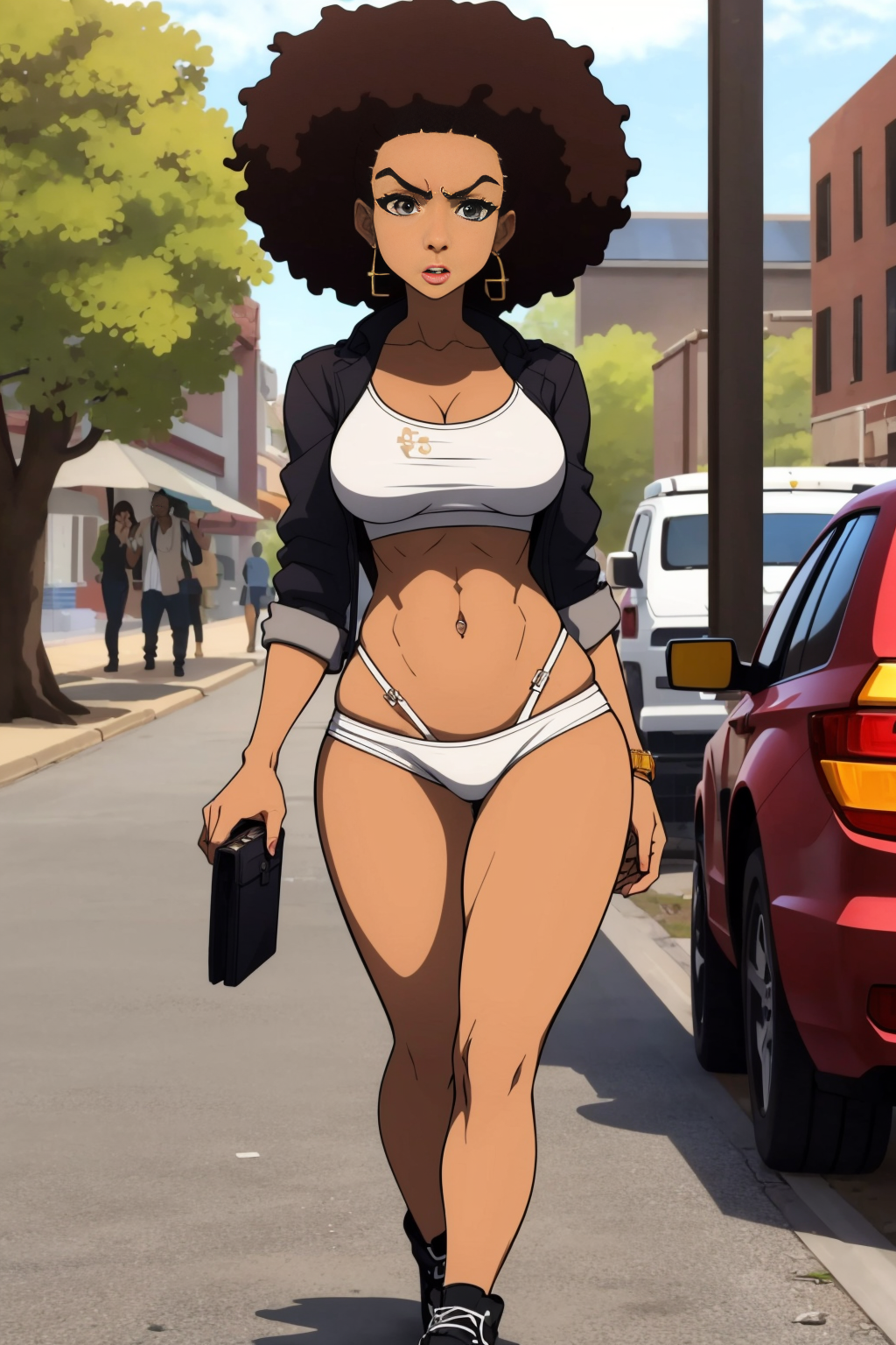 a woman with sexy body and outfit, walking in the sidewalk, (well draw eyes and eye pupil:1.2), EdobBoondocksArtStyle  <lora:EdobBoondocksArtStyle_v1.0:0.8>