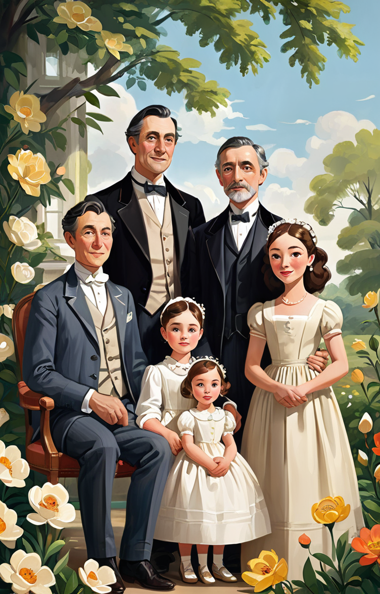 masterpiece,best quality,<lora:tbh77-sdxl:0.8>,illustration,Style of Flora Waycott portrait of family