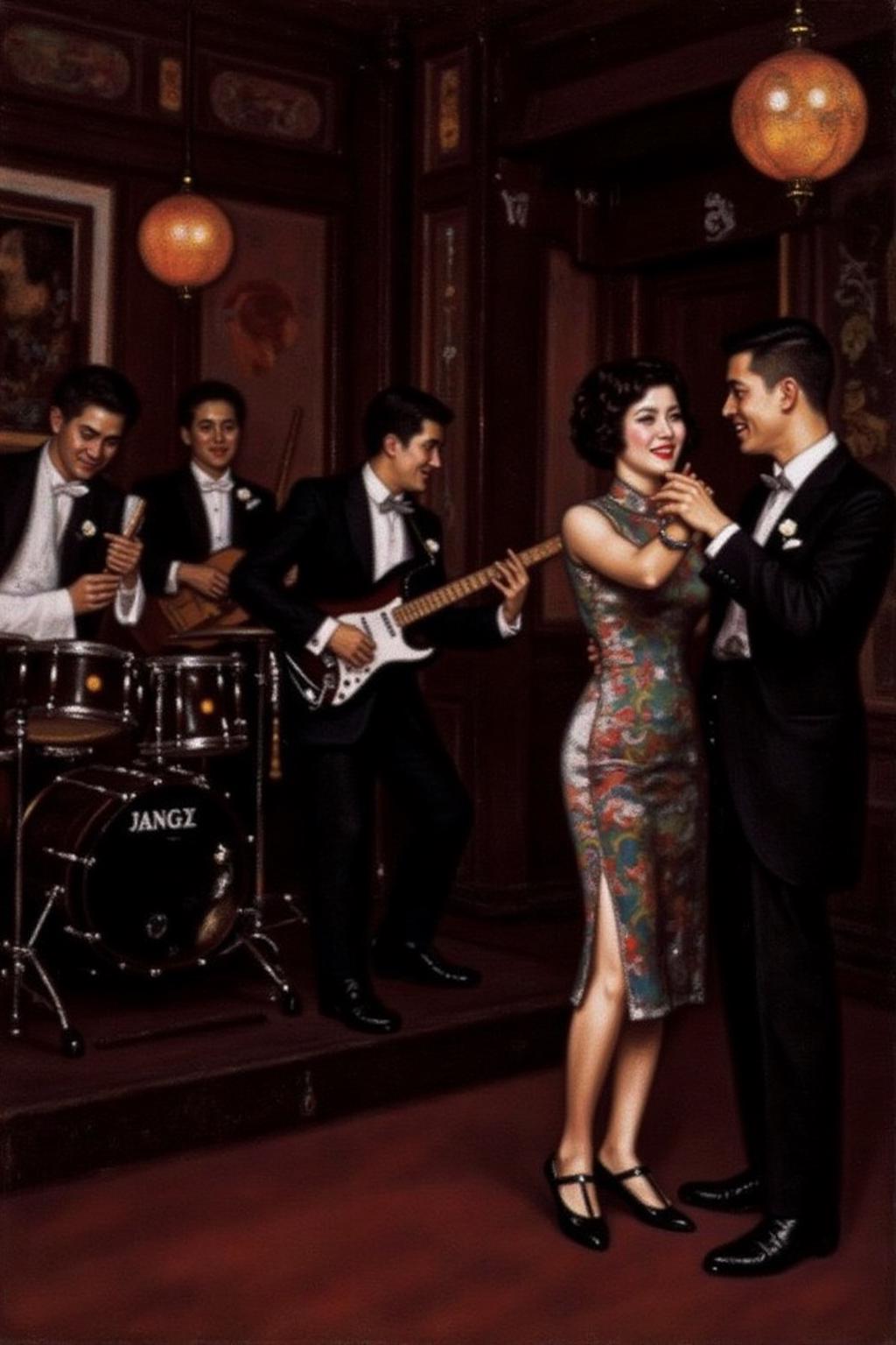 chenyifei2 painting. 
A scene at a nightclub in Shanghai in the 1930s. On the right, a woman wearing a traditional cheongsam is dancing with a man. On the left, a group of musicians is playing.
  <lora:chenyifei2_cap_d6a3:1.0><lora:839845670643893236:0>