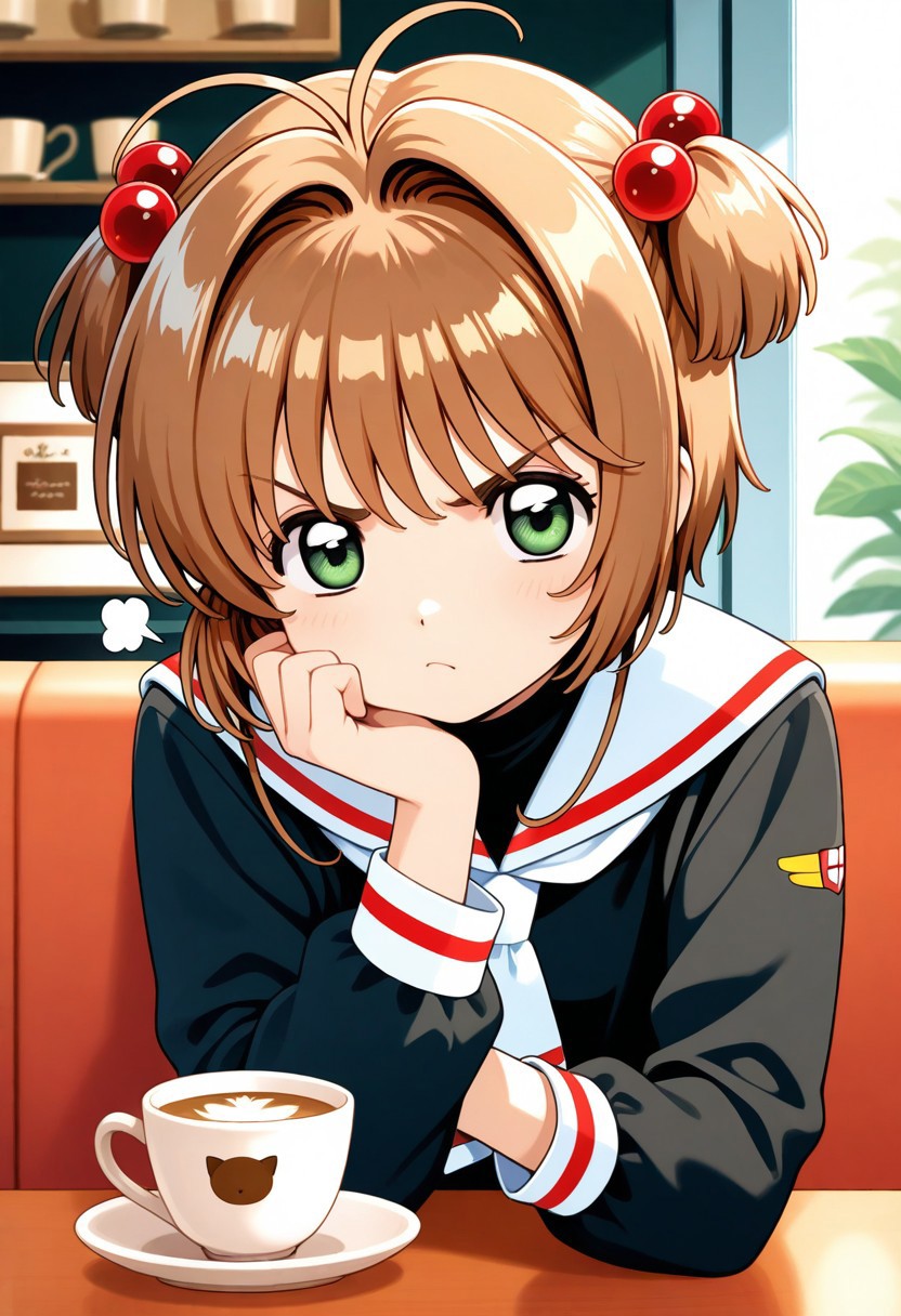 1girl, sensitive, kinomoto sakura, relaxing in a cafe, angry, looking at viewer, best quality, good quality