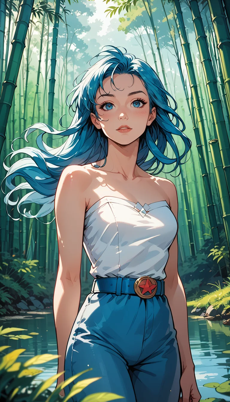 score_9, score_8_up, score_7_up, (Western Comics), girl, cute, seductive, innocent, large blue belt, azure hair, floating hair, long hair, forest, bare shoulders, hanfu, lakes, pure, soft (light smile:0.3), bamboo, (Cowboy shoot photo), (depth of field), (dynamic angle), (ultra detailed, high quality texture), (sharp), (artistic image)