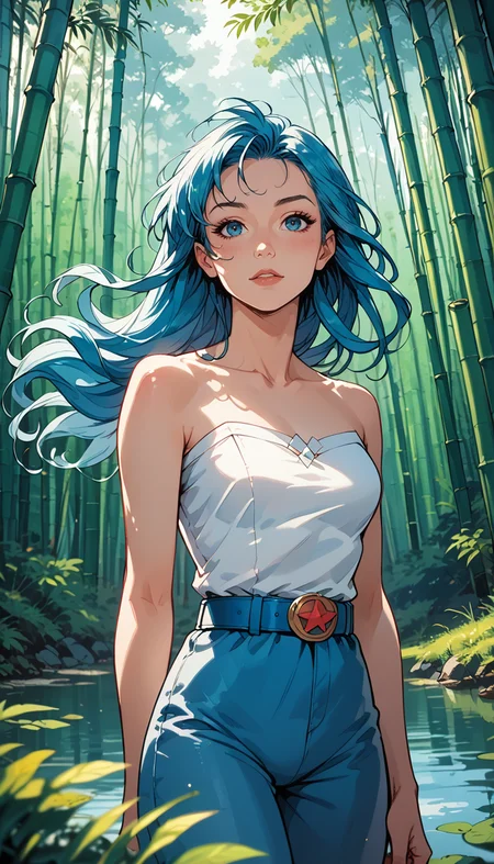 score_9, score_8_up, score_7_up, (Western Comics), girl, cute, seductive, innocent, large blue belt, azure hair, floating hair, long hair, forest, bare shoulders, hanfu, lakes, pure, soft (light smile:0.3), bamboo, (Cowboy shoot photo), (depth of field), (dynamic angle), (ultra detailed, high quality texture), (sharp), (artistic image)