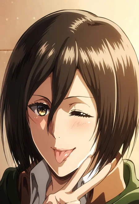 1girl,mikasa ackermann, beautiful face, detailed eyes, detailed face, Svper, one eye closed, smiling with tongue slightly out, peace sign with one hand