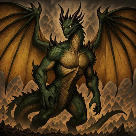 masterpiece, best quality, newest, absurdres, highres, HORCOMV1.0,
monster, no humans, dragon, wings, tail, wings, dragon wings, dragon horns, horns, multiple horns, green scales, yellow eyes,