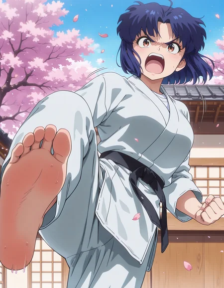 masterpiece, best quality, absurdes, 1girl, solo, <lora:ranma_½_il:0.8> akane, blue hair, short hair, parted bangs, brown eyes, dougi, karate uniform, karate gi, black belt, large breasts, barefoot, soles, wrinkled soles, callused soles, looking at viewer, angry, open mouth, standing on one leg, stomp, from below, pov, dojo, outdoors, cherry blossoms, petals, windy, motion lines, <lora:GLSHS:0.8> shslg, anime coloring