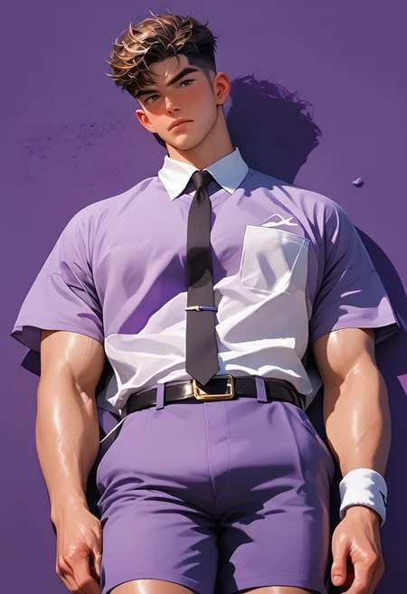score_9, score_8_up, score_7_up,male focus, aaSKTm1n1, (B0Y1H3), (male),(solo), rosy cheeks, source_anime,rating_explicit,(best quality, highres,masterpiece), dynamic shot, arrogant,(open eyes), moan,black eyes,(undercut brown hair:1.3), (pubes), (lying on back on tennis court:1.5),(leaning back), necktie, collared shirt, (pulled off purple shorts:1.2),(look down at viewer:1.8),perfect face, extra details, (purple background:1.4),realistic 3d style, body tilt,RAW photo, photorealistic, film grain, candid camera, color graded cinematic, (hunter eyes), macro shot, skin pores, imperfections, natural, looking at viewer, hairy thighs, angry, full body, (purple socks), (from above:1.2), perfect hands,