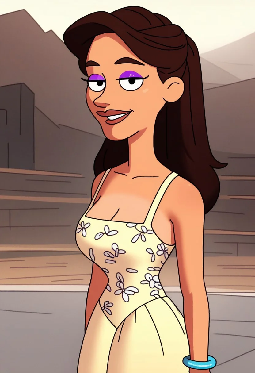 standing cleavage, looking at viewer, smile, upper body, outdoors, score_9, score_8_up, score_7_up, score_6_up, high quality, Shannon_ad, 1girl, solo, brown hair, makeup, purple eyelashes, yellow dress, sleeveless dress, bracelet, white high heels