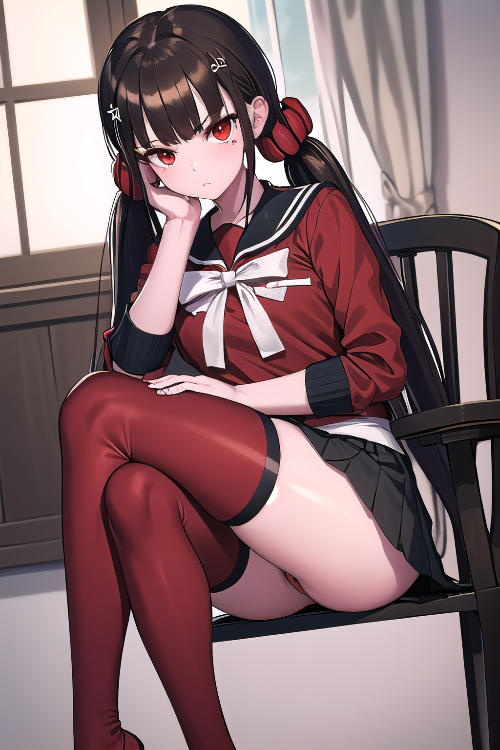 masterpiece, best quality, ultra-high-detailed, Harumaki, red eyes, brown hair, low twintails, red scrunchie, mole under eye, blunt bangs,hairclip, white bow, red serafuku, black sailor collar,  black skirt, pleated skirt, sleeves rolled up, red thighhighs,  sitting on chair