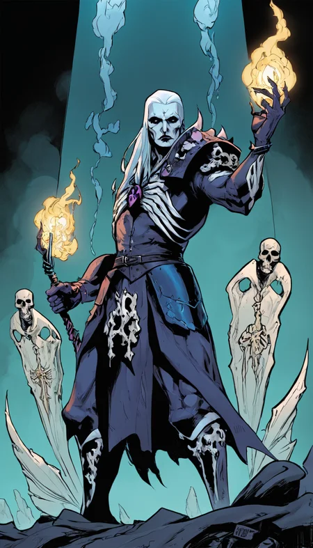 comic Cinematic scene, hero view, d4d necromancer <lora:diablo_4_necromancer_xl_v1:1>, action pose, masterpiece, best quality, high quality, highres, absurdres . graphic illustration, comic art, graphic novel art, vibrant, highly detailed