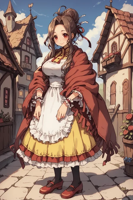 score_9, score_8_up, score_7_up, score_6_up, source anime, BREAK, <lora:Mistel:0.7> , misdef, 1girl, long hair, brown hair, red eyes, hair bun, hair ribbon, ribbon, dress, yellow skirt, frilled cuffs, red shawl, white apron, apron, black pantyhose, red shoes, full body, looking at viewer, smile, happy, mommy, motherly, closed mouth, serene, large breasts, (mature woman), <lora:zy_Detailed_Backgrounds_v1:0.3> , detailed background, highly detailed, exterior, town, village, <lora:d4rkpurpXLP:0.6> , d4rkpurp, (solo),
