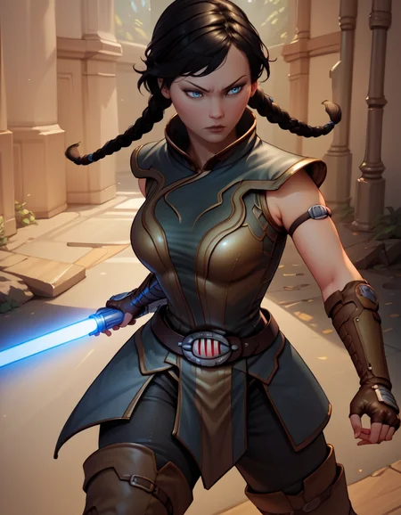 score_9, score_8_up, score_7_up,score_6_up, score_5_up, score_4_up , 1girl, solo,
large breasts,
sateleshandg,
black hair, twin braids, blue eyes,
armor, thigh boots, belt,
holding lightsaber,
fighting stance,
<lora:Satele Shan PonyXL V01:0.90>