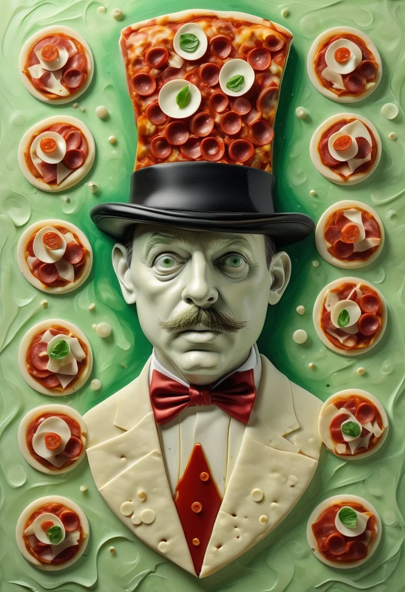 Portrait of a Pensive Pizza Slice in a Top Hat, Abstract Satin Texture, Cheese Melted in Shades of Mozzarella White, Tomato Red, and Basil Green, Eyes Deep in Thought, Surrounded by Floating Pepperoni Discs and Miniature Chandeliers, Glossy Finish, Capturing the Essence of an Absurdly Classy Pizza Poet
